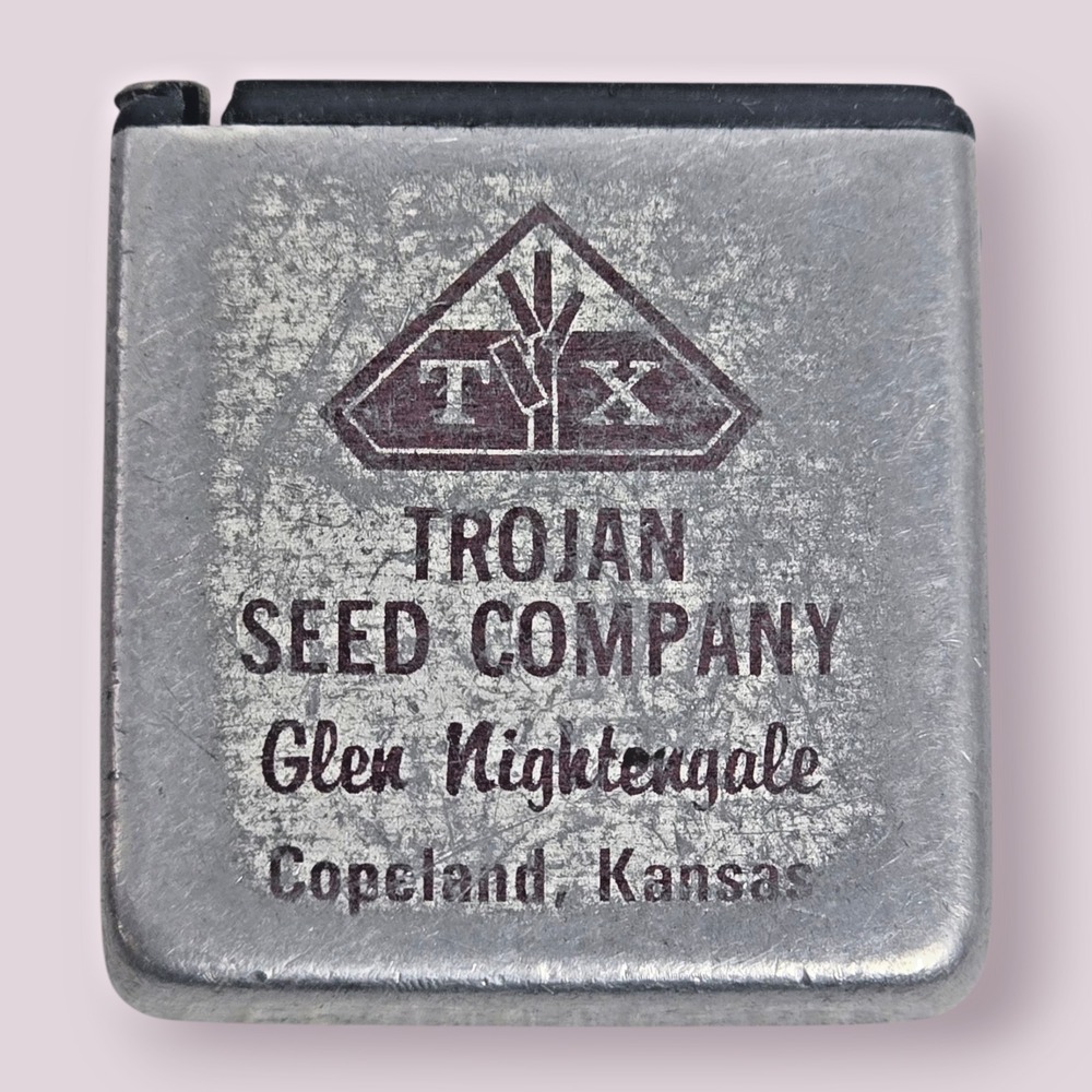 VTG Mini Pocket Tape Measure Advertising Trojan Seed Co. Copeland, Kansas USA